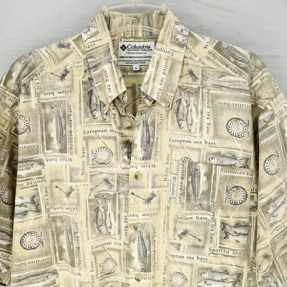 Columbia Shirt Mens Medium Beige Yellow Cotton Novelty Fishing Gorpcore Vintage - Picture 5 of 10